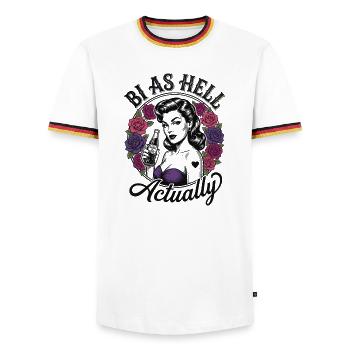LGBTQ Pride Month - Bi As Hell Actually - Men's Ringer Shirt - white/tricolour - Front - AI Model Female 172 light (172cm) & AI Model Male 185 light (185cm)