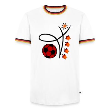 Fußball Event - Männer Kontrast-T-Shirt - Weiß/Dreifarbig - Vorne - AI Model Female 172 light (172cm) & AI Model Male 185 light (185cm)