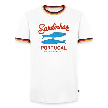 sardinen konserve sommer strand sardinhas portugal - Männer Kontrast-T-Shirt - Weiß/Dreifarbig - Vorne - AI Model Female 172 light (172cm) & AI Model Male 185 light (185cm)