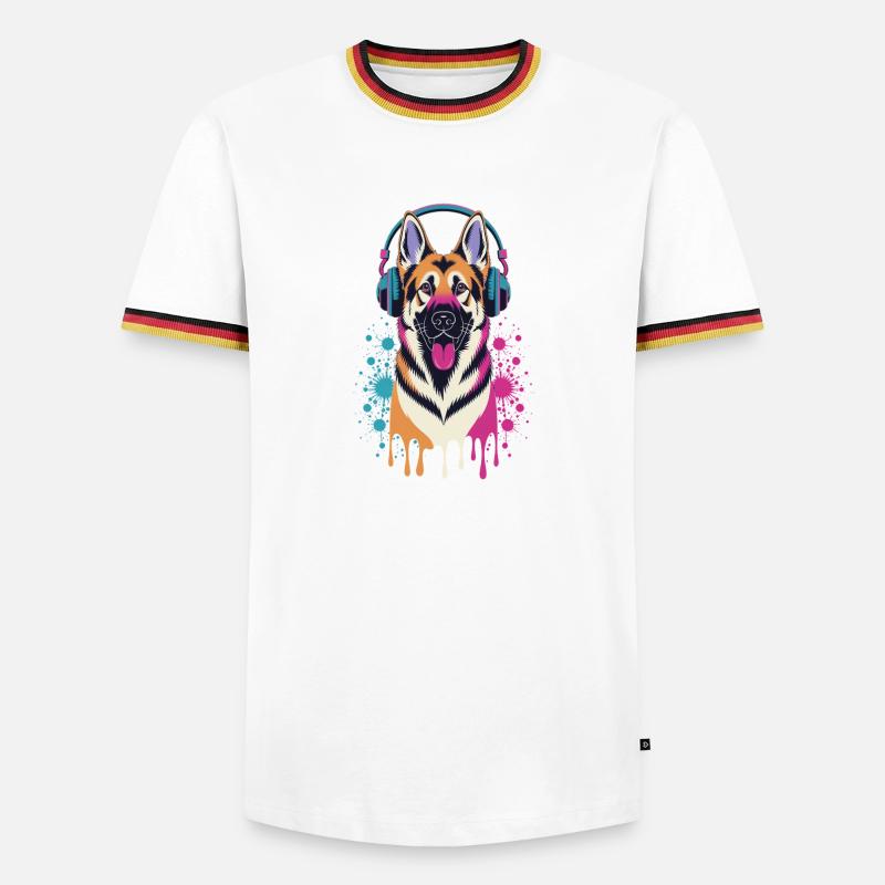 Deutscher Schäferhund mit Kopfhörer - Männer Kontrast-T-Shirt - Weiß/Dreifarbig