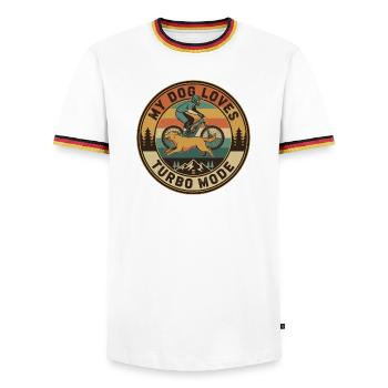 Mon chien adore le mode turbo E-VTT rétro - T-shirt contrasté Homme - blanc/tricolore - Devant - AI Model Female 172 light (172cm) & AI Model Male 185 light (185cm)