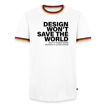 Design Won't Save The World Designer Shirt - Männer Kontrast-T-Shirt - Weiß/Dreifarbig - Vorne - AI Model Female 172 light (172cm) & AI Model Male 185 light (185cm)