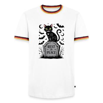 Un chat noir sur la pierre tombale de Repose en paix - T-shirt contrasté Homme - blanc/tricolore - Devant - AI Model Female 172 light (172cm) & AI Model Male 185 light (185cm)
