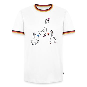 Geese with Flower - Men's Ringer Shirt - white/tricolour - Front - AI Model Female 172 light (172cm) & AI Model Male 185 light (185cm)