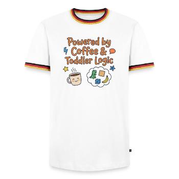 Propulsé par Coffee & Toddler Logic - T-shirt contrasté Homme - blanc/tricolore - Devant - AI Model Female 172 light (172cm) & AI Model Male 185 light (185cm)