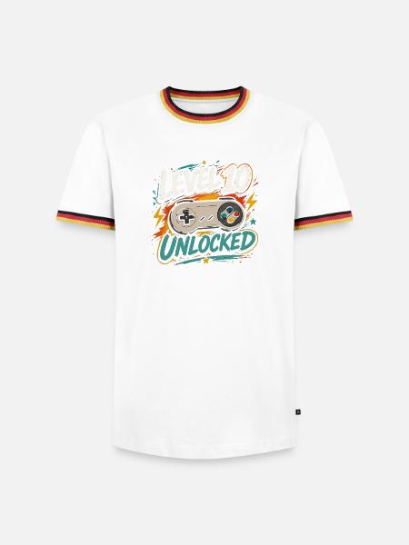 Level 10 freigeschaltetes 10-Jahres-Jubiläums-D-Geschenk - Männer Kontrast-T-Shirt - Weiß/Dreifarbig