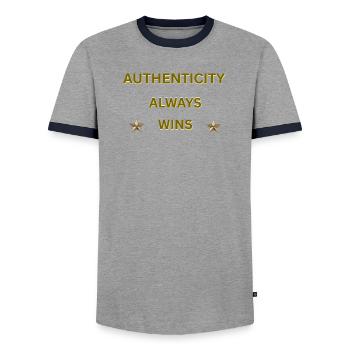 L’AUTHENTICITÉ GAGNE TOUJOURS – Citation motivationnelle en or - T-shirt contrasté Homme - gris/marine  - Devant - AI Model Female 172 light (172cm) & AI Model Male 178 light (178cm)
