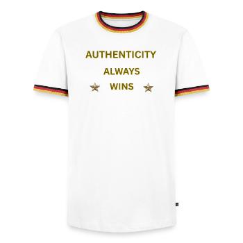 L’AUTHENTICITÉ GAGNE TOUJOURS – Citation motivationnelle en or - T-shirt contrasté Homme - blanc/tricolore - Devant - AI Model Female 172 light (172cm) & AI Model Male 185 light (185cm)
