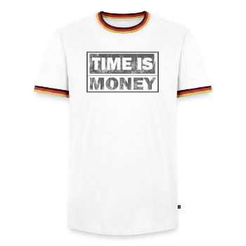 Time is money: Two line strong text - Men's Ringer Shirt - white/tricolour - Front - AI Model Female 172 light (172cm) & AI Model Male 185 light (185cm)