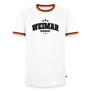 Weimar Varsity Lettering Souvenier - Men's Ringer Shirt - white/tricolour - Front - AI Model Female 172 light (172cm) & AI Model Male 185 light (185cm)