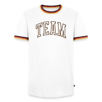 Team Outline - Men's Ringer Shirt - white/tricolour - Front - AI Model Female 172 light (172cm) & AI Model Male 185 light (185cm)