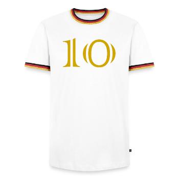 10. 10 YEARS. 10th ANNIVERSARY. 10 YEAR ANNIVERSARY. - Men's Ringer Shirt - white/tricolour - Front - AI Model Female 172 light (172cm) & AI Model Male 185 light (185cm)