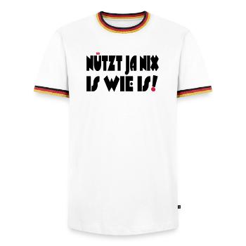 Nützt ja nix, Is wie Is - Männer Kontrast-T-Shirt - Weiß/Dreifarbig - Vorne - AI Model Female 172 light (172cm) & AI Model Male 185 light (185cm)