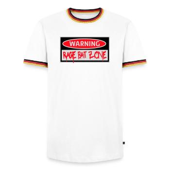 Warning Rage Bait Caution Zone Sign Fun Warning - Men's Ringer Shirt - white/tricolour - Front - AI Model Female 172 light (172cm) & AI Model Male 185 light (185cm)