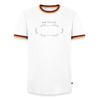 SAVE THE DATE | empty field for labeling - Men's Ringer Shirt - white/tricolour - Front - AI Model Female 172 light (172cm) & AI Model Male 185 light (185cm)