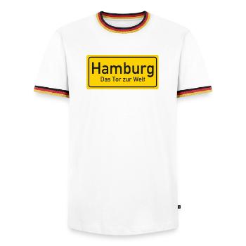 Hamburg place name sign Germany - Men's Ringer Shirt - white/tricolour - Front - AI Model Female 172 light (172cm) & AI Model Male 185 light (185cm)