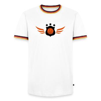 Basketball - Basket Ball - Game - Sport - Player - Men's Ringer Shirt - white/tricolour - Front - AI Model Female 172 light (172cm) & AI Model Male 185 light (185cm)