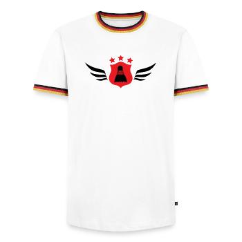 Badminton - Sport - Racket - Men's Ringer Shirt - white/tricolour - Front - AI Model Female 172 light (172cm) & AI Model Male 185 light (185cm)