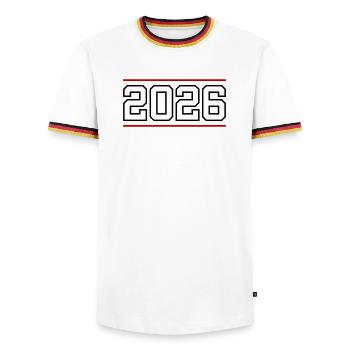 2026 Line - Men's Ringer Shirt - white/tricolour - Front - AI Model Female 172 light (172cm) & AI Model Male 185 light (185cm)