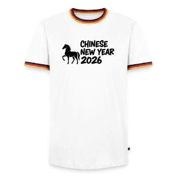 Year of the Horse Pferde Schriftzug - Männer Kontrast-T-Shirt - Weiß/Dreifarbig - Vorne - AI Model Female 172 light (172cm) & AI Model Male 185 light (185cm)