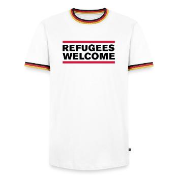 politik refugees welcome - Männer Kontrast-T-Shirt - Weiß/Dreifarbig - Vorne - AI Model Female 172 light (172cm) & AI Model Male 185 light (185cm)