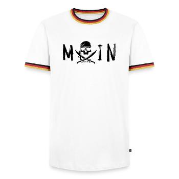 MOIN mit Totenkopf, Logo und Säbel schwarz - Männer Kontrast-T-Shirt - Weiß/Dreifarbig - Vorne - AI Model Female 172 light (172cm) & AI Model Male 185 light (185cm)