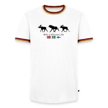 Moose spotting in Scandinavia - Men's Ringer Shirt - white/tricolour - Front - AI Model Female 172 light (172cm) & AI Model Male 185 light (185cm)