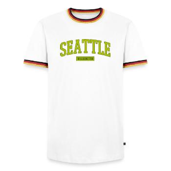 Seattle Washington Lettering - Men's Ringer Shirt - white/tricolour - Front - AI Model Female 172 light (172cm) & AI Model Male 185 light (185cm)