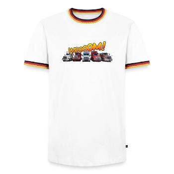 Lastwagen für echte Kerle und große Kinder - Männer Kontrast-T-Shirt - Weiß/Dreifarbig - Vorne - AI Model Female 172 light (172cm) & AI Model Male 185 light (185cm)