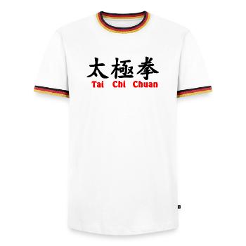 tai ji quan script horizontal with text red - Men's Ringer Shirt - white/tricolour - Front - AI Model Female 172 light (172cm) & AI Model Male 185 light (185cm)