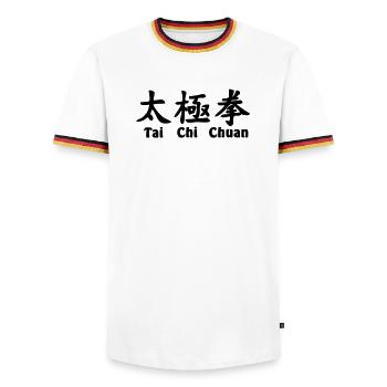 Tai Ji Quan Schrift horizontal mit Text - Männer Kontrast-T-Shirt - Weiß/Dreifarbig - Vorne - AI Model Female 172 light (172cm) & AI Model Male 185 light (185cm)