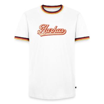 Aarhus Retro Look – Denmark Lettering - Men's Ringer Shirt - white/tricolour - Front - AI Model Female 172 light (172cm) & AI Model Male 185 light (185cm)