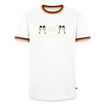 65.Geburtstag 65 Jahre - Männer Kontrast-T-Shirt - Weiß/Dreifarbig - Vorne - AI Model Female 172 light (172cm) & AI Model Male 185 light (185cm)