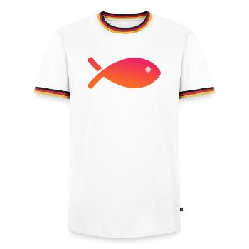 FISH. APRIL FOOL - Men's Ringer Shirt - white/tricolour - Front - AI Model Female 172 light (172cm) & AI Model Male 185 light (185cm)