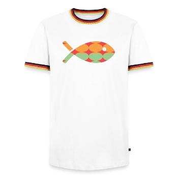 POISSON. POISSON D'AVRIL. VACANCES. ETE. HUMOUR - T-shirt contrasté Homme - blanc/tricolore - Devant - AI Model Female 172 light (172cm) & AI Model Male 185 light (185cm)
