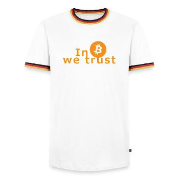 En Bitcoin we trust - Crypto Nerds Investor Exchange - T-shirt contrasté Homme - blanc/tricolore - Devant - AI Model Female 172 light (172cm) & AI Model Male 185 light (185cm)