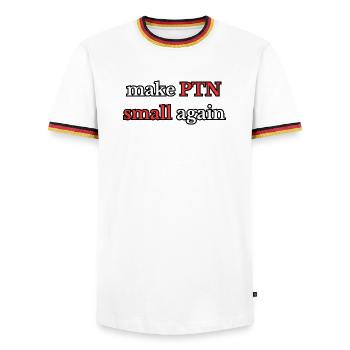 Make PTN small again - Men's Ringer Shirt - white/tricolour - Front - AI Model Female 172 light (172cm) & AI Model Male 185 light (185cm)