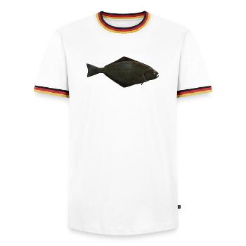 Flétan naturel pour les pêcheurs en Norvège ou en Islande - T-shirt contrasté Homme - blanc/tricolore - Devant - AI Model Female 172 light (172cm) & AI Model Male 185 light (185cm)
