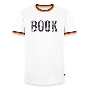 Dinkelbuch mit Bücherregalen, Lesen und Literat - Männer Kontrast-T-Shirt - Weiß/Dreifarbig - Vorne - AI Model Female 172 light (172cm) & AI Model Male 185 light (185cm)