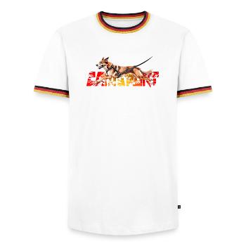 Chien en Action faisant du canicross - T-shirt contrasté Homme - blanc/tricolore - Devant - AI Model Female 172 light (172cm) & AI Model Male 185 light (185cm)