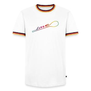 Mit Liebe gekocht – bunter Kochlöffel - Männer Kontrast-T-Shirt - Weiß/Dreifarbig - Vorne - AI Model Female 172 light (172cm) & AI Model Male 185 light (185cm)