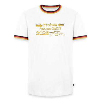 Bonne année 2026, vœux de nouvel an, texte doré - T-shirt contrasté Homme - blanc/tricolore - Devant - AI Model Female 172 light (172cm) & AI Model Male 185 light (185cm)