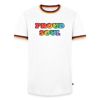 Proud Soul Rainbow Text - Men's Ringer Shirt - white/tricolour - Front - AI Model Female 172 light (172cm) & AI Model Male 185 light (185cm)
