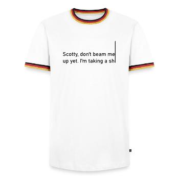 Scotty don't beam me up yet. I'm taking a shiiiiiii - Men's Ringer Shirt - white/tricolour - Front - AI Model Female 172 light (172cm) & AI Model Male 185 light (185cm)