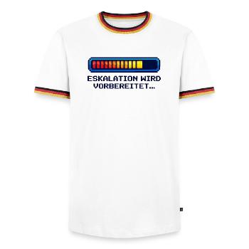 „Eskalations Shirt“ – Nerd & Geek Style (deutsch) - Männer Kontrast-T-Shirt - Weiß/Dreifarbig - Vorne - AI Model Female 172 light (172cm) & AI Model Male 185 light (185cm)