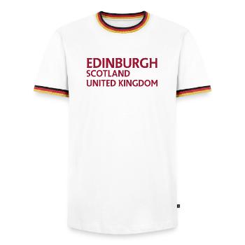 Edinburgh – Scotland Textdesign - Men's Ringer Shirt - white/tricolour - Front - AI Model Female 172 light (172cm) & AI Model Male 185 light (185cm)