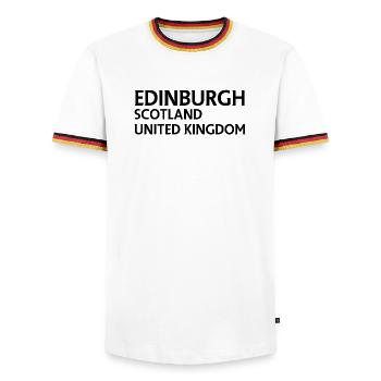 Edinburgh – Scotland Textdesign - Men's Ringer Shirt - white/tricolour - Front - AI Model Female 172 light (172cm) & AI Model Male 185 light (185cm)