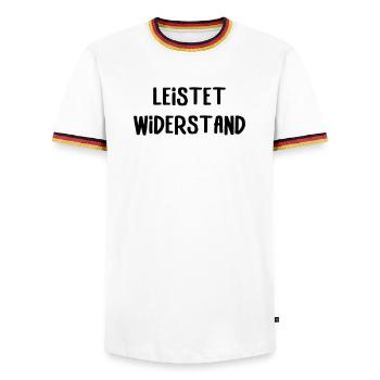 Leistet_wiederstand  - Männer Kontrast-T-Shirt - Weiß/Dreifarbig - Vorne - AI Model Female 172 light (172cm) & AI Model Male 185 light (185cm)