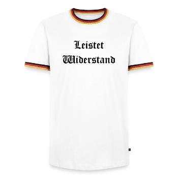 Leistet_wiederstand - Men's Ringer Shirt - white/tricolour - Front - AI Model Female 172 light (172cm) & AI Model Male 185 light (185cm)