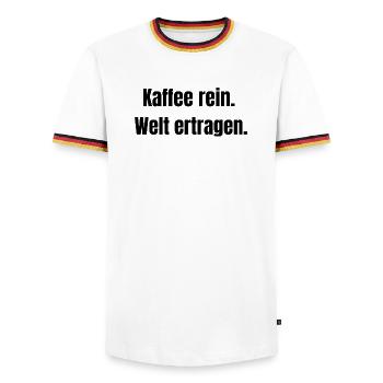 Kaffee rein. Welt ertragen.  - Männer Kontrast-T-Shirt - Weiß/Dreifarbig - Vorne - AI Model Female 172 light (172cm) & AI Model Male 185 light (185cm)